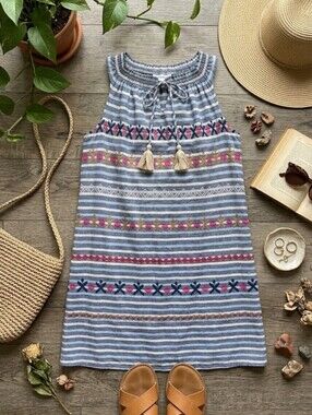 thml blue striped embroidered shift sundress tassel tie halter neck size M